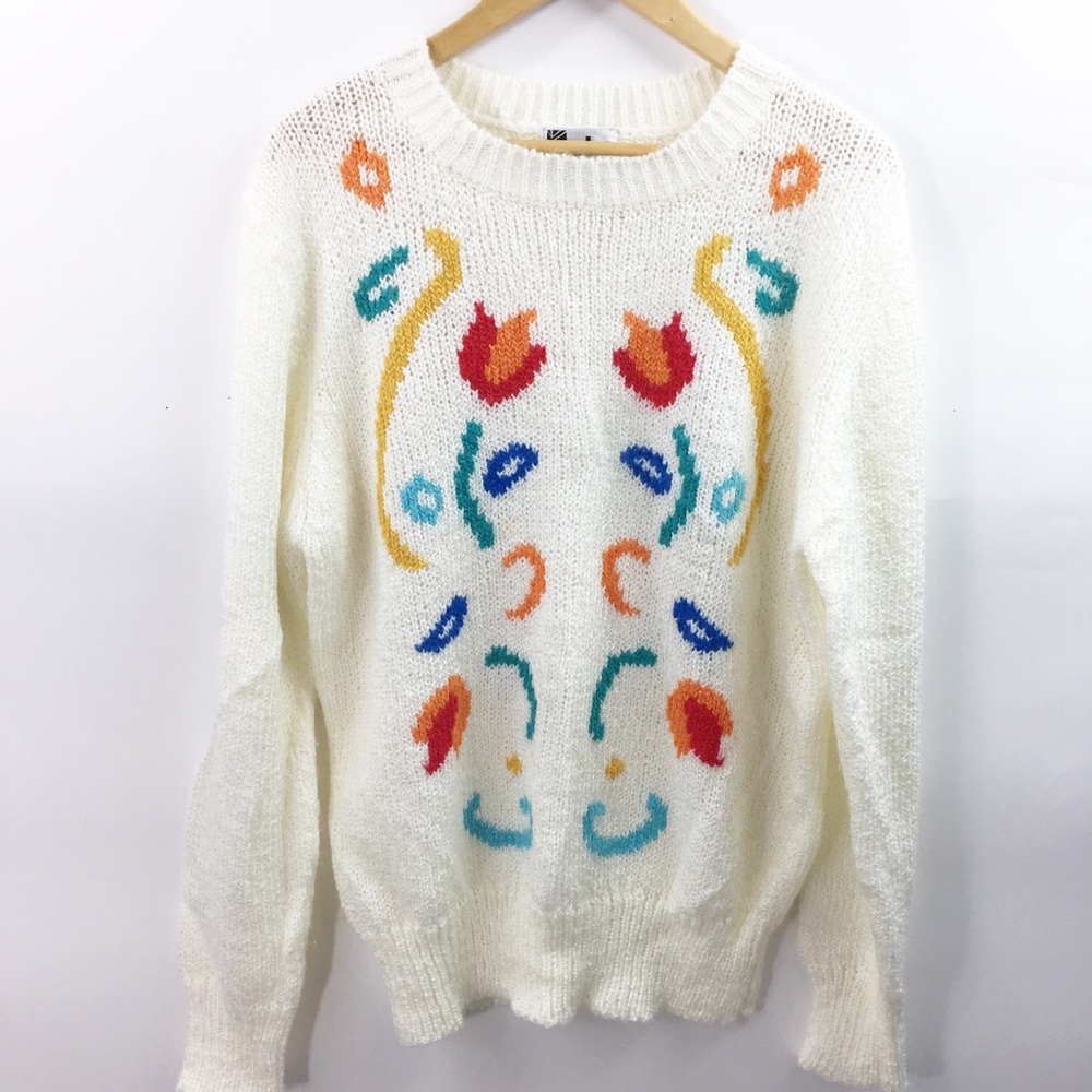 Vintage Tunic Sweater Cream Floral Large